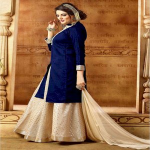 Semi Stitched Navy Blue Banarasi Silk Sharara Salwar Suit