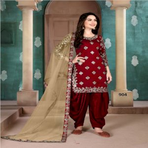 Art Silk Embroidered Punjabi Suit Blue & Red