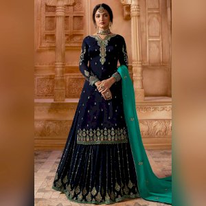 Satin Georgette Sharara Dress Navy Blue Color Stone Work 4671