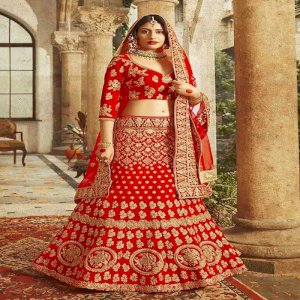 Red Velvet Bridal Lehenga Choli With Dupatta-1906