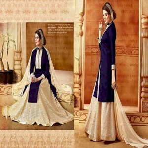 Semi Stitched Navy Blue Banarasi Silk Sharara Salwar Suit-4615