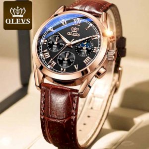OLEVS Watch Men Quartz Original Relo Waterproof Genuine Leather Belt Watch