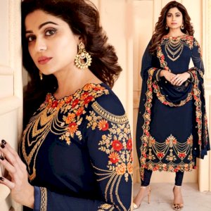 Shilpa Shetty Blue Georgette Embroidery Churidar Salwar Kameez 