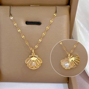 High quality 18k gold plated bling zircon shell pearl necklace