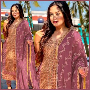 Weightless Deep Puce Georgette Heavy Embroidered Salwar Kameez 