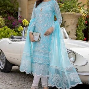 Light Blue Net Dress Embroidery High Quality Unstitched Salwar Kameez