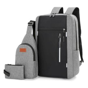 3PCS Leisure Travel Backpack, High Capacity Unisex Laptop Backpack School Bag- Black and Ash