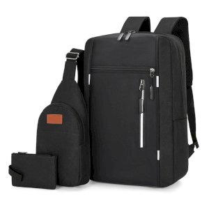 3PCS Leisure Travel Backpack, High Capacity Unisex Laptop Backpack School Bag- Black and Ash