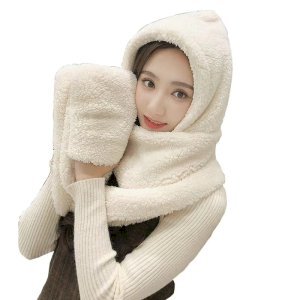 Landove Scarf Hat Gloves Women 3 in 1 Warm Scarf with Hood Pockets Earflap