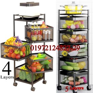 Rotatable Kitchen Metal Square Storage Rack Fruit Vegetable Basket Floor Standing Utility Cart Trolley with Rolling Wheel